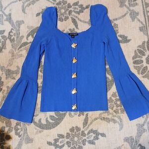 Boston Proper Electric Blue Ribbed Long Sleeve Top with Gold Buttons